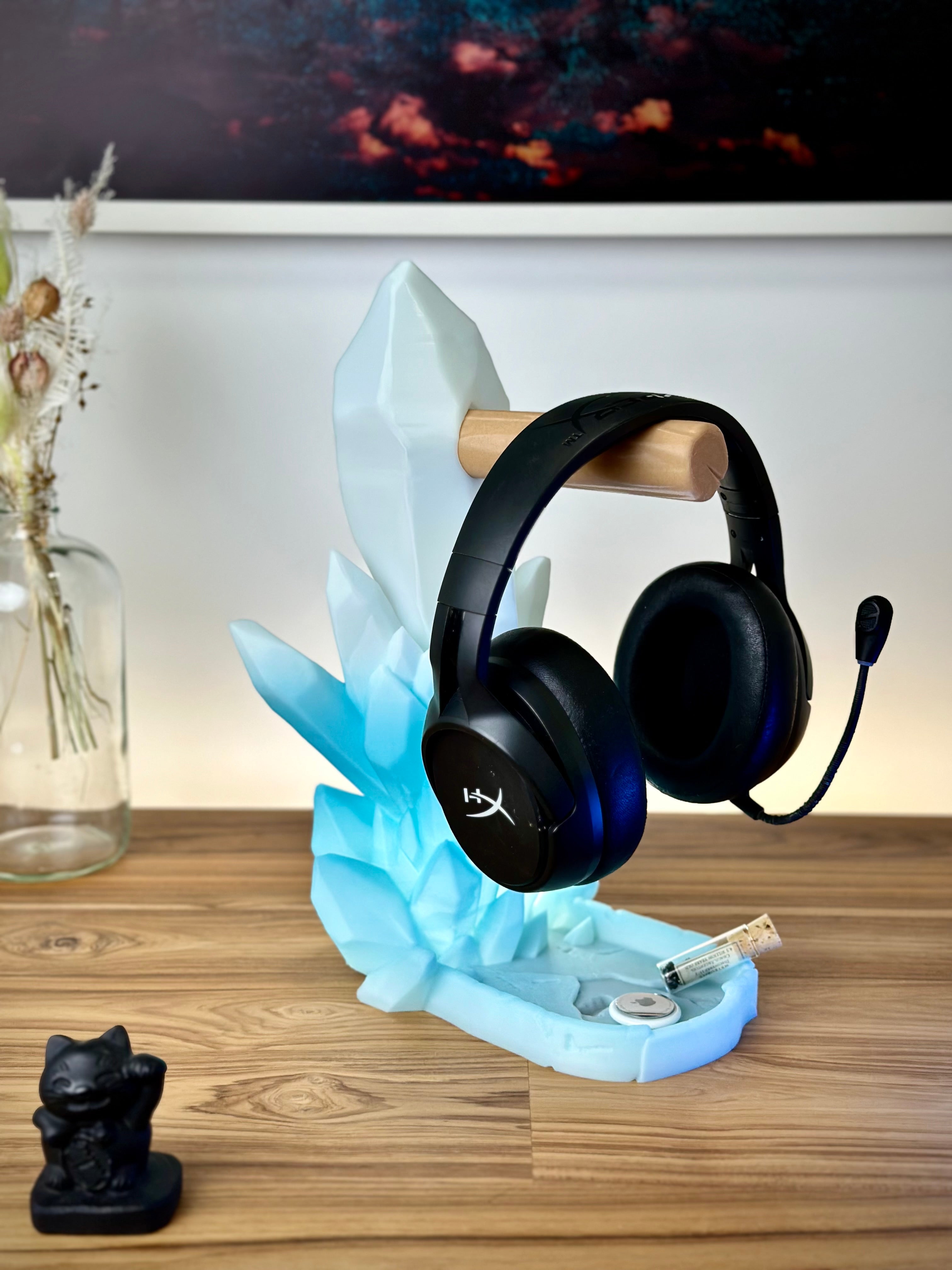 Soporte de auriculares de cristal con bandeja de almacenamiento