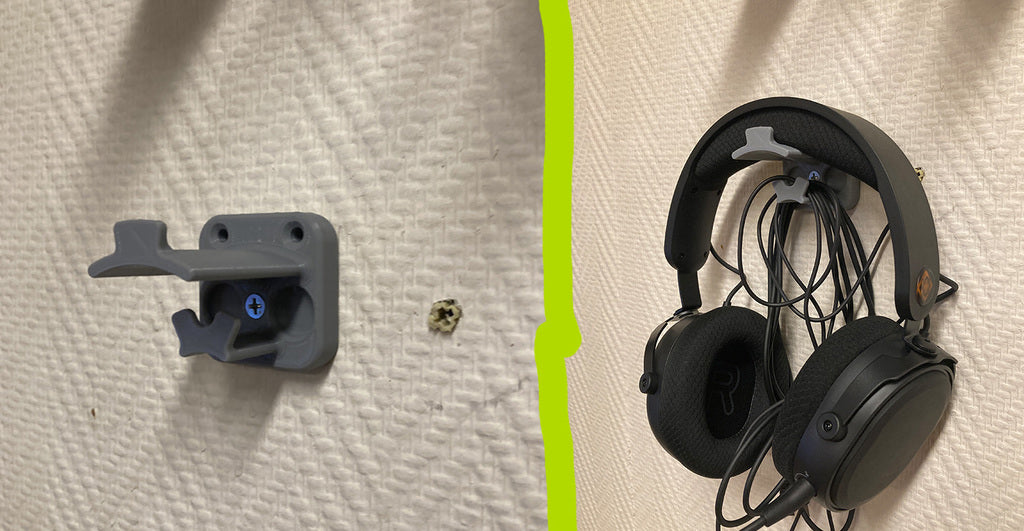 Soporte para auriculares con gestión de cables y espacio para dongle USB