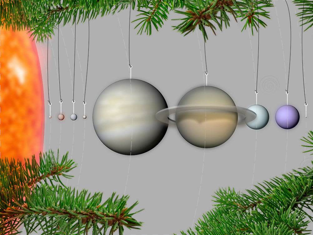 Maquetas a escala de nuestro sistema planetario como adornos para árboles de Navidad
